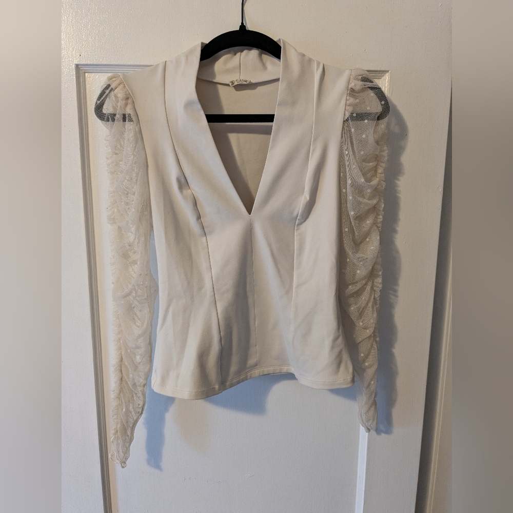 Chic Cream Blouse with Sheer Sleeves